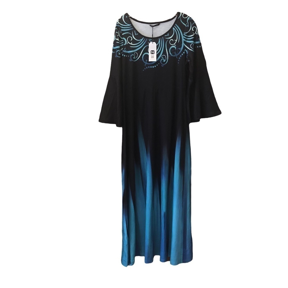 NORACORA/ NWT/ maxi dress/ black with teal and blue/ big bell sleeves/ SMALL /